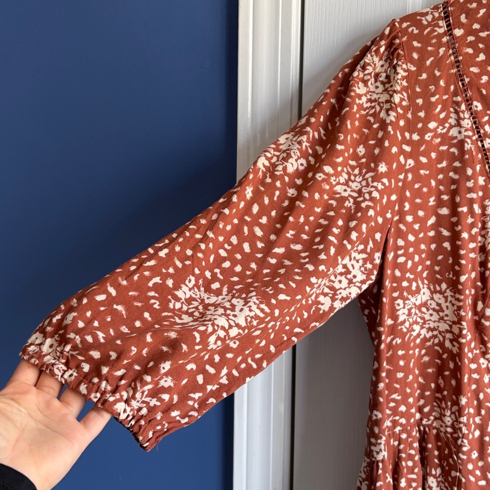 Knox Rose Floral Print Peasant Boho Mini Dress Women's Size Large Rust Cream - Picture 6 of 12